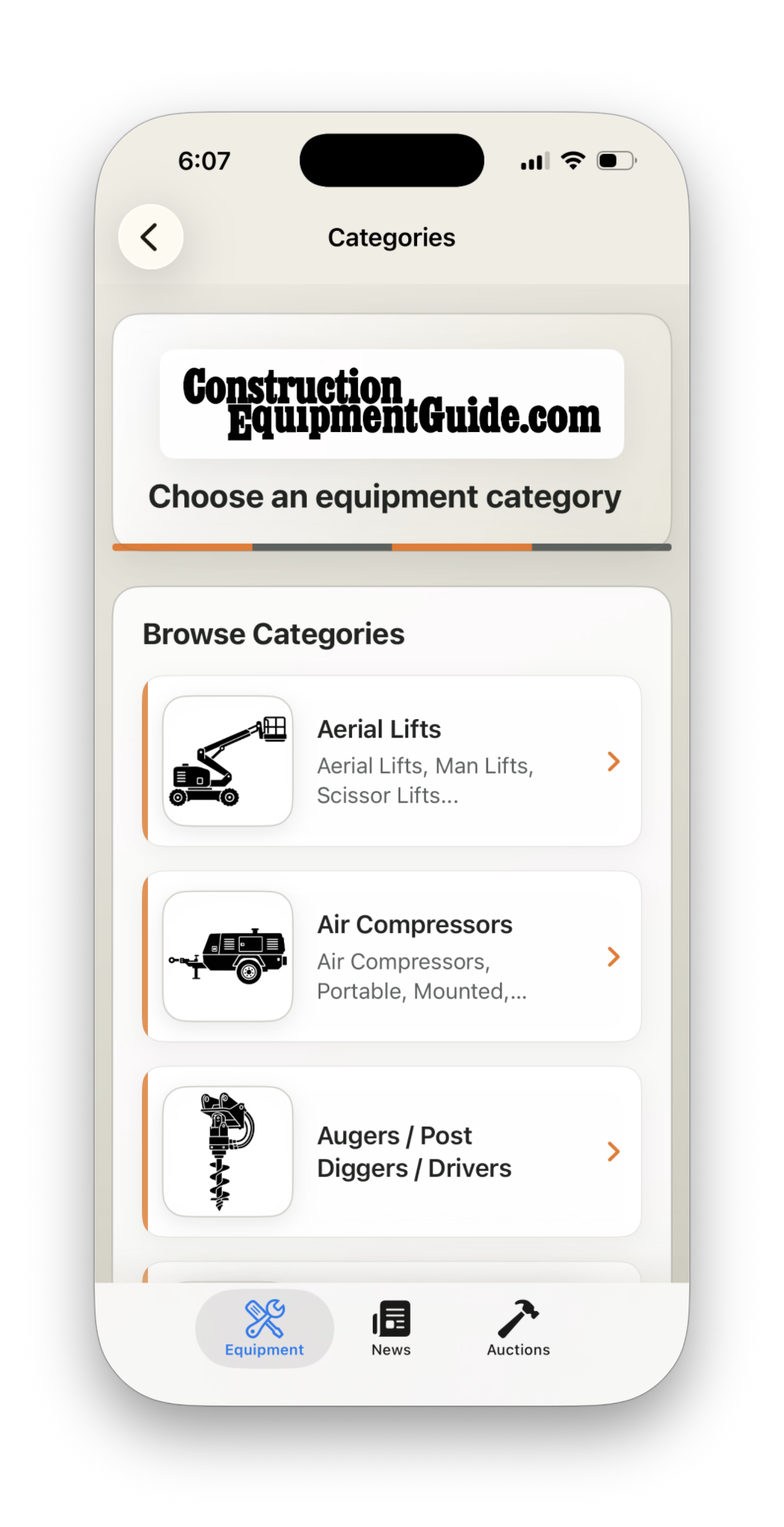 Browsing equipment categories in the CEG app