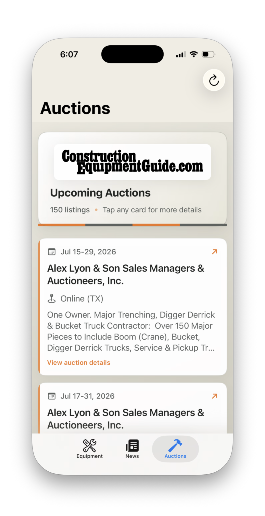 Auction calendar in the CEG app