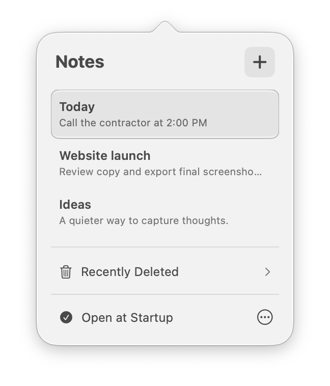 MenuBar Notes list open from the macOS menu bar