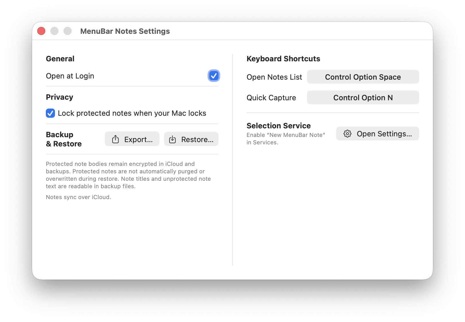 MenuBar Notes settings for privacy, backup, shortcuts and Services