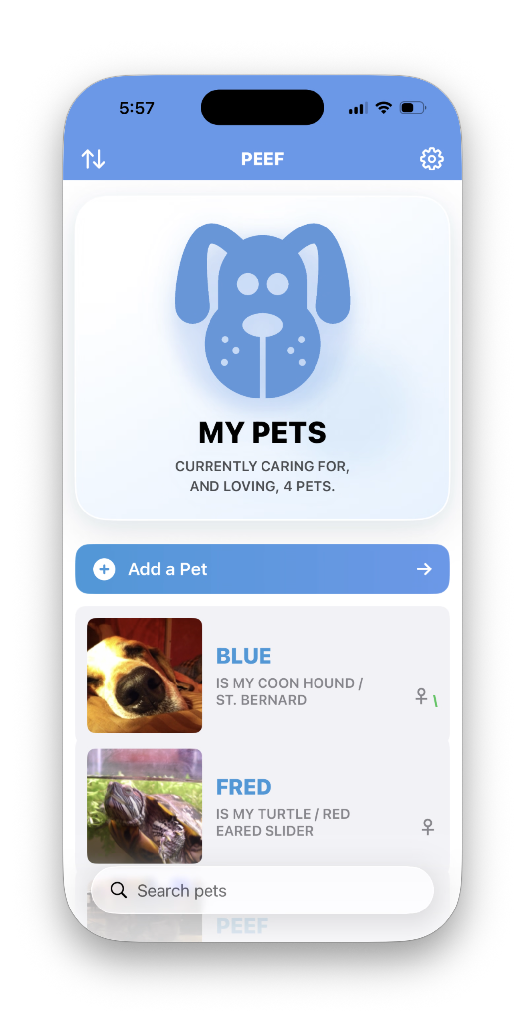 Peef pet care app on iPhone